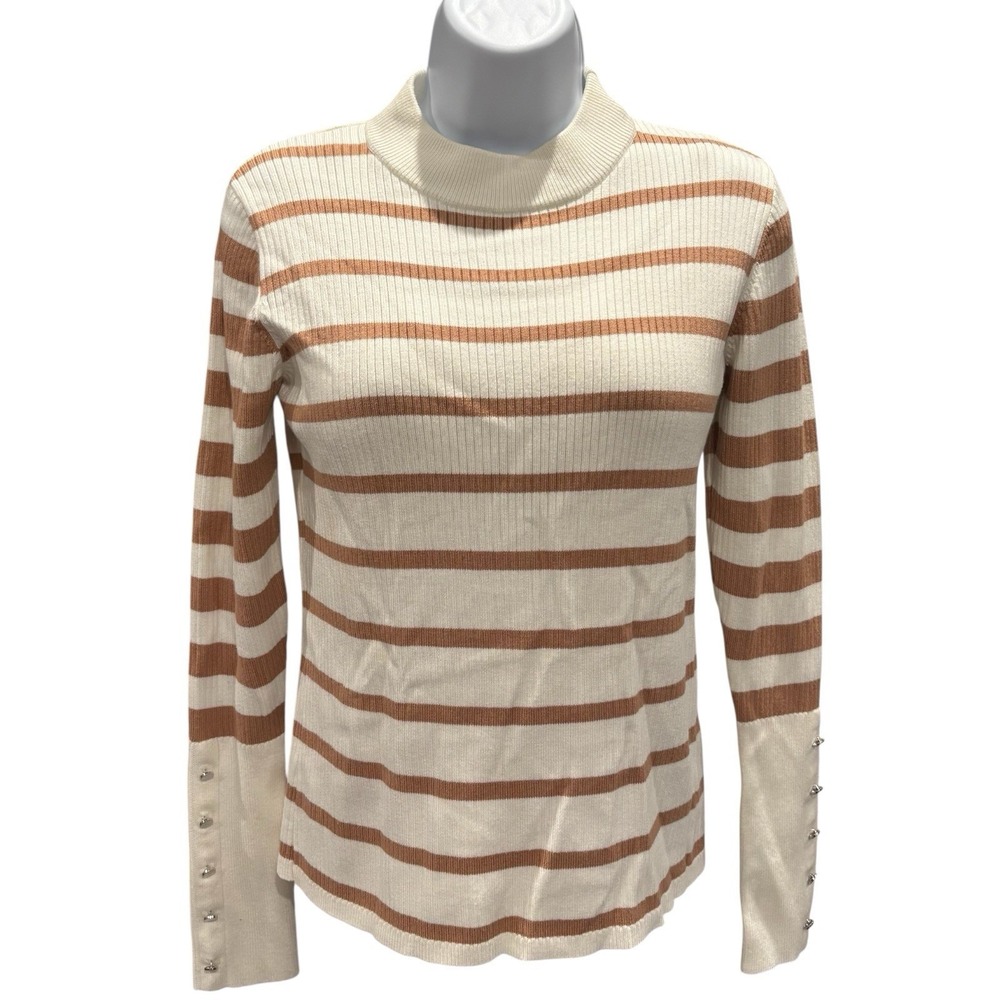 Tahari Striped Mock Neck‎ Sweater Long Sleeve Button Cuff Beige Women's Size S